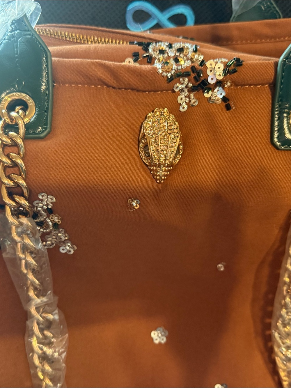 Kurt Geiger Hoxton Shopper Tote Brownwith Dark Green Trim and Gold Chain Handles - Picture 5 of 14